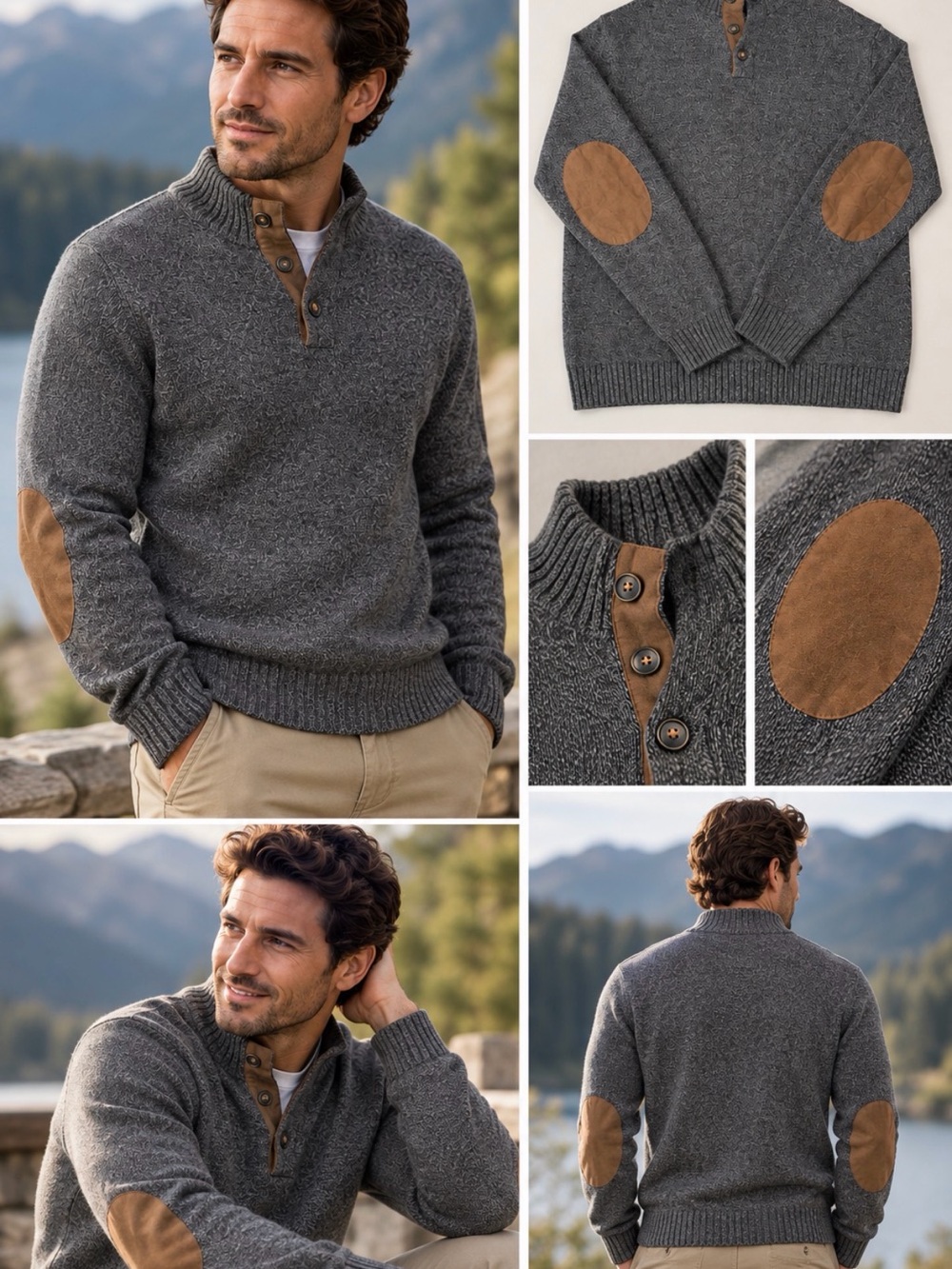 CHAPS Men's Gray Henley Sweater with Suede Brown Elbow Patches